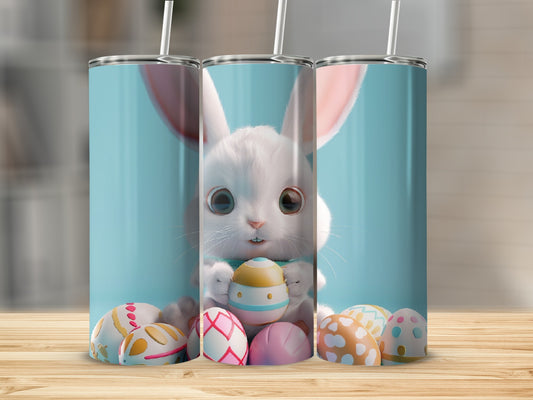 White bunny holding an Easter egg, surrounded by painted eggs.