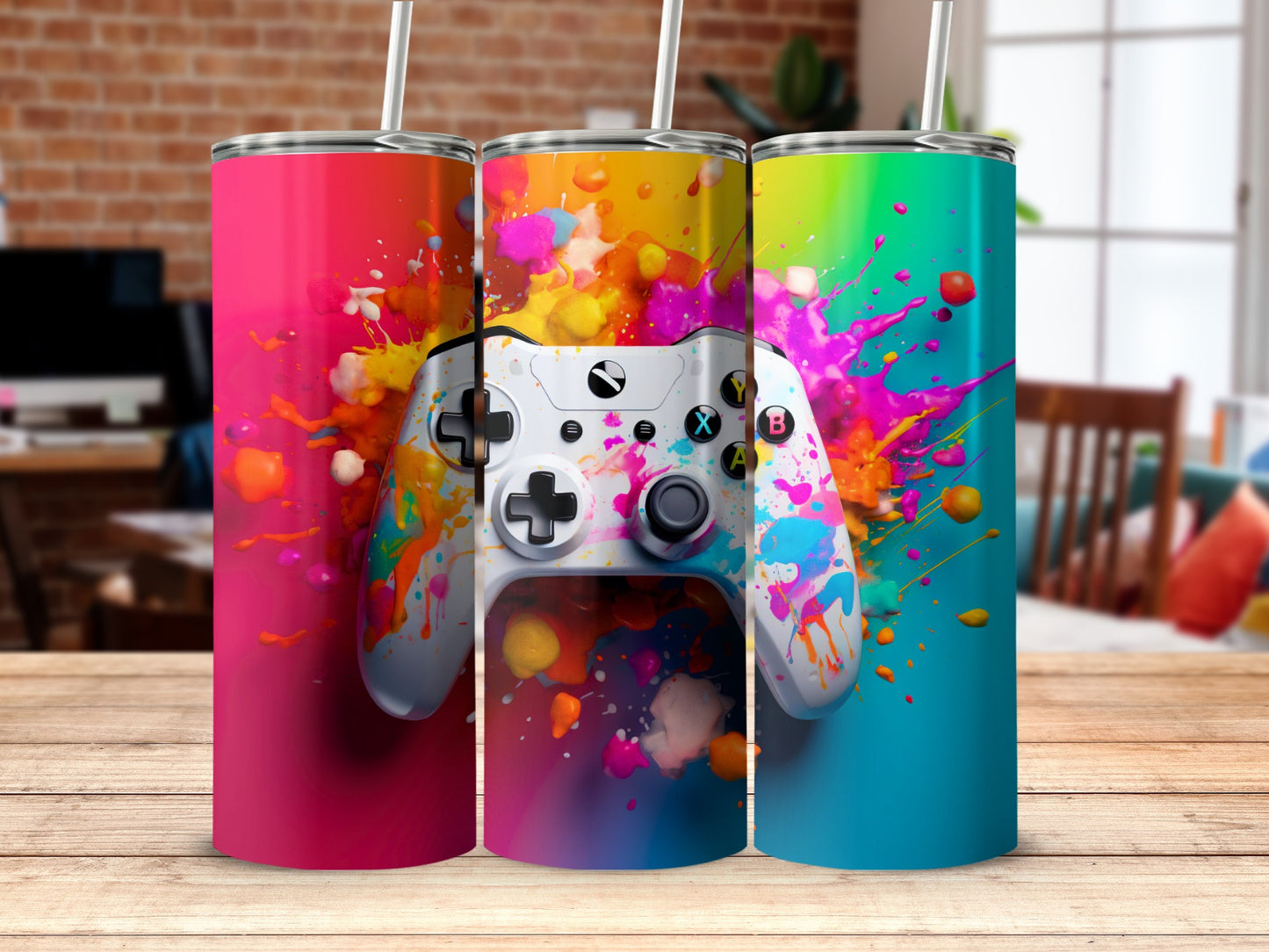 Colorful Gaming Controller Splatter Art Tumbler