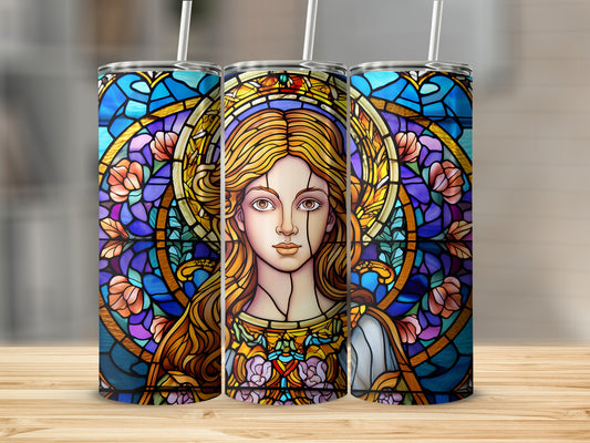Stained glass tumbler featuring a woman with blonde hair and floral halo.