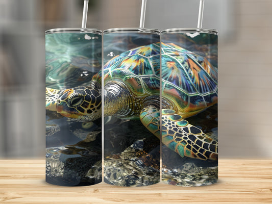 Triptych of a sea turtle swimming in murky water with colorful shell details.