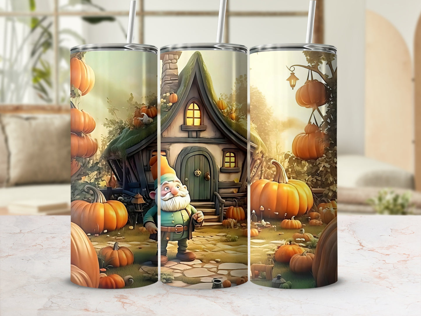 Autumn Gnome and Pumpkin House Tumbler Cup