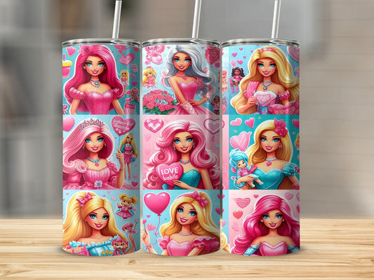 Pink and blue Barbie collage on three tumblers with hearts and stars.