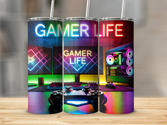 Gamer life tumbler with neon computer setup and game controller.