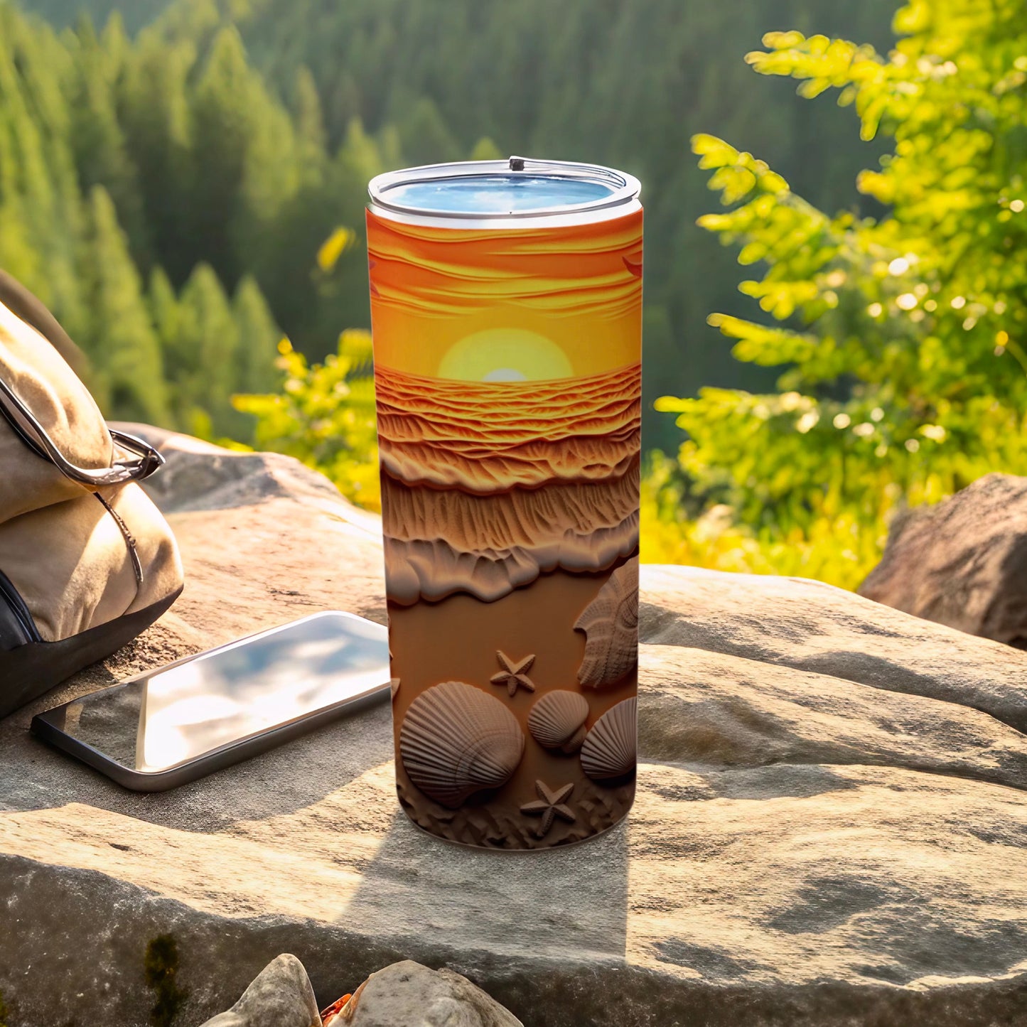 Tall tumbler with a beach sunset and seashells design.