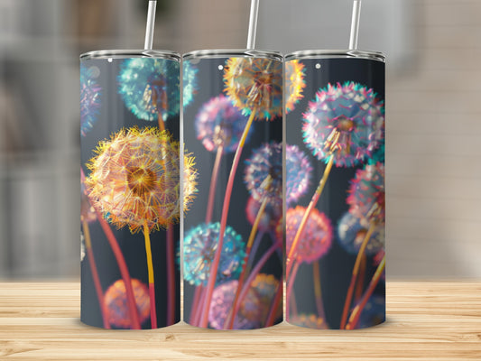 Three tumblers with dandelion seed heads in vibrant, glowing colors.