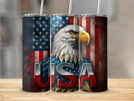 Eagle with USA flag on a tumbler.