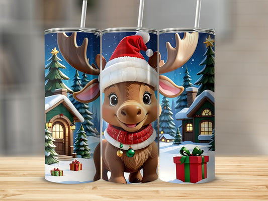 Festive Reindeer with Santa Hat Christmas Tumbler