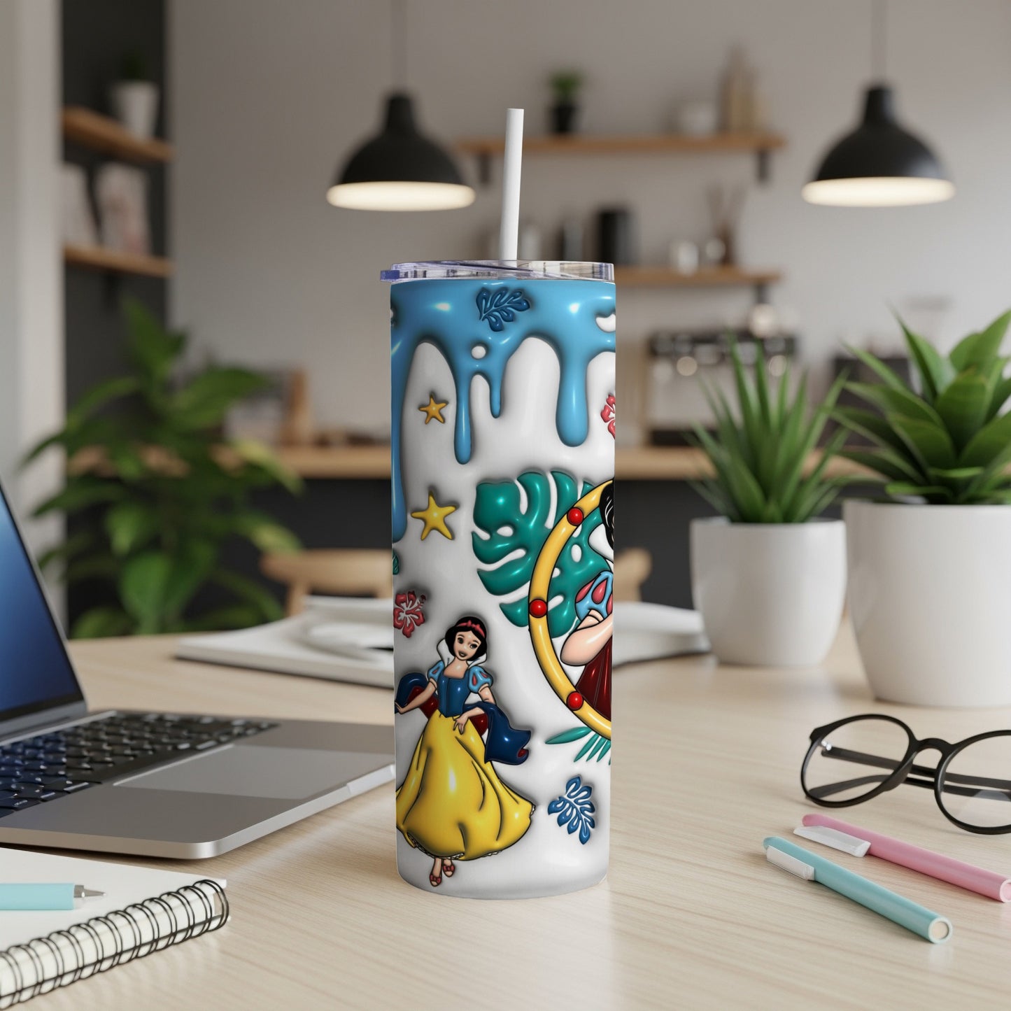 Snow White cartoon art on a white tumbler with blue drip accents.