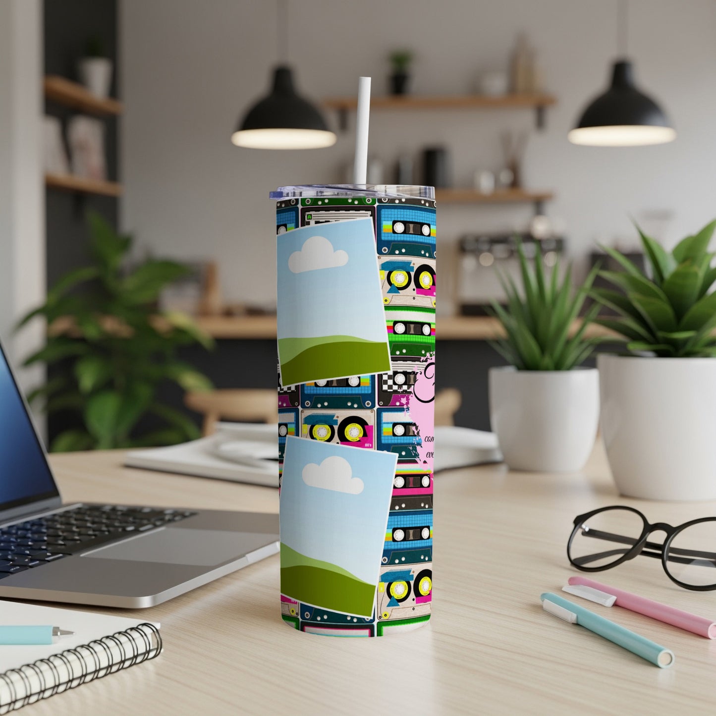 Tumbler with retro cassette tape design and two blank photo frames.