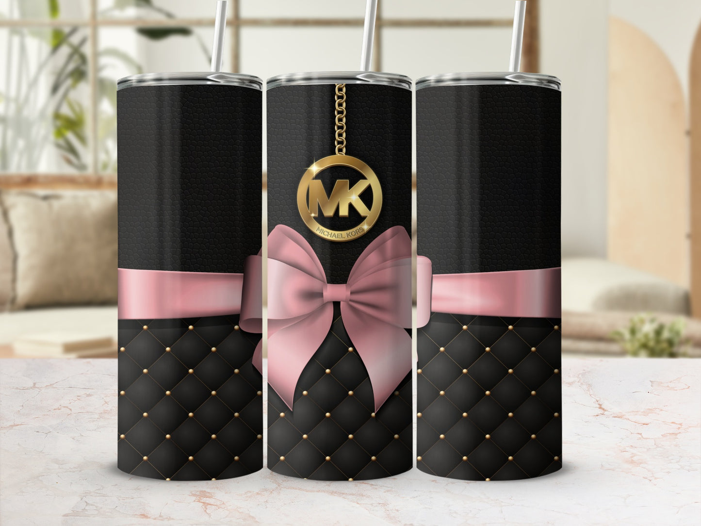 Elegant Pink Bow Quilted Pattern Tumbler with Straw