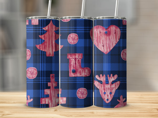 Three tumblers with blue plaid and red Christmas designs: tree, stocking, and reindeer.
