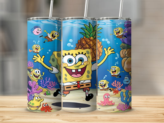 SpongeBob SquarePants characters and pineapple underwater on a tumbler.