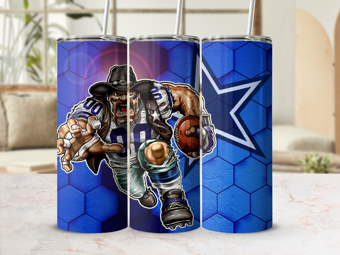 Aggressive Football Player Tumbler with Blue Hex Design