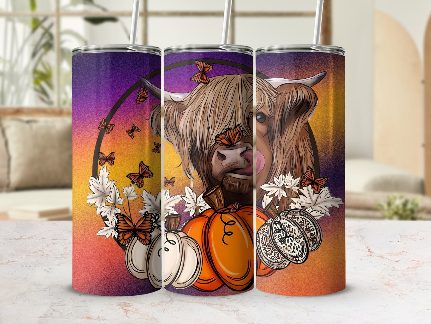 Highland Cow and Pumpkins Autumn Design Tumbler