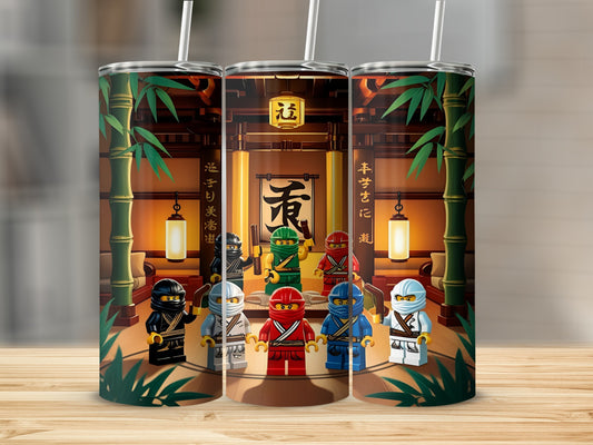 Ninjago characters in a dojo setting with bamboo and lanterns.