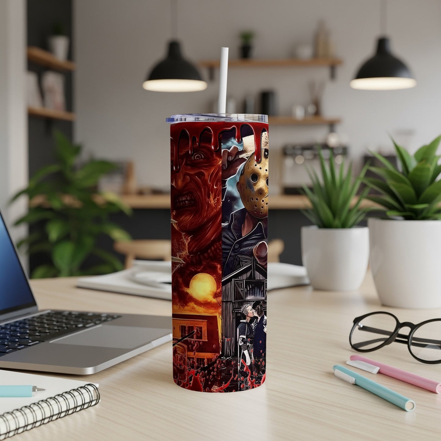 Horror movie characters on a tumbler with a straw.
