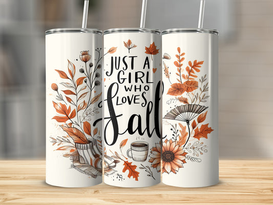 Three tumblers with a fall-themed design featuring leaves, flowers, and text.