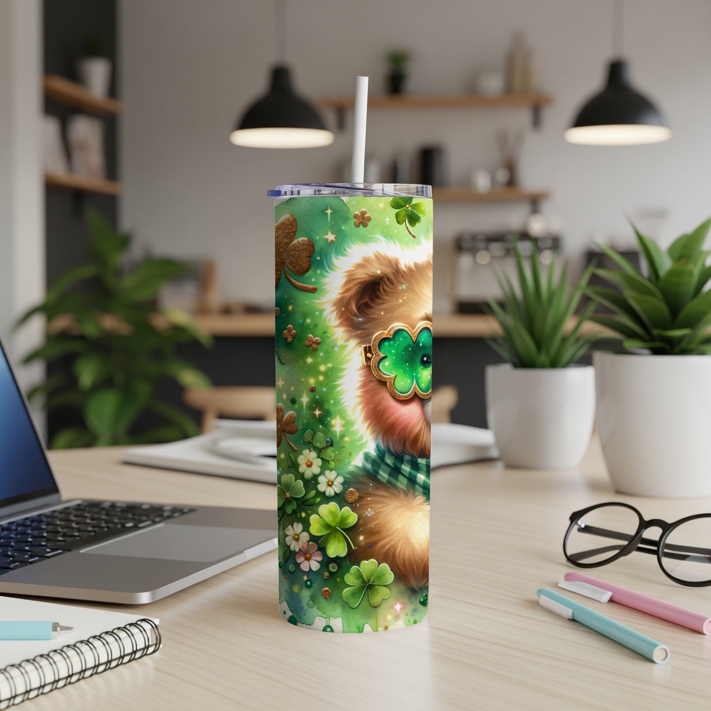 Green tumbler with a cartoon bear wearing sunglasses and a plaid scarf.