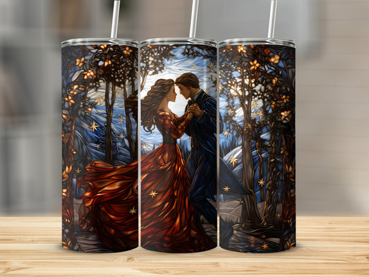 Couple dancing in stained glass forest scene on a tumbler.