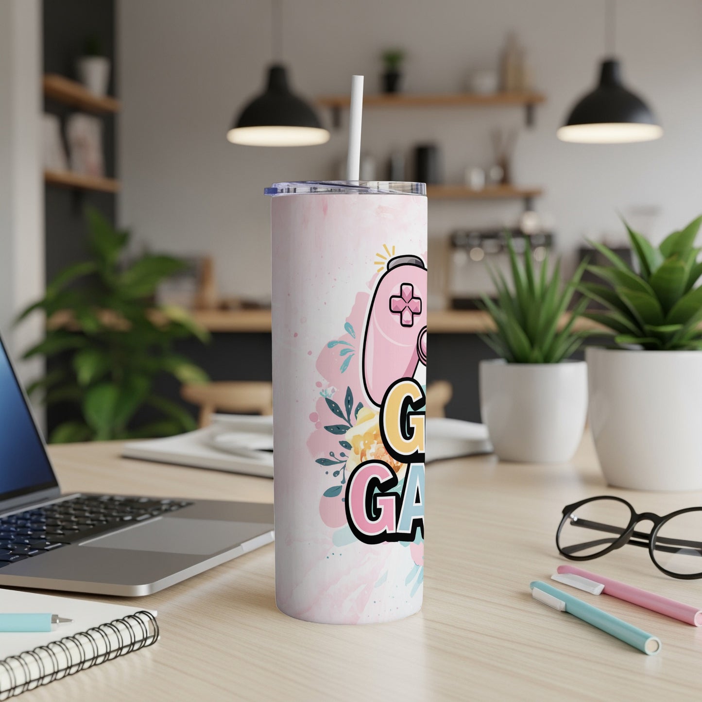 Pink and blue marbled tumbler with "Girl Gamer" text and floral accents.