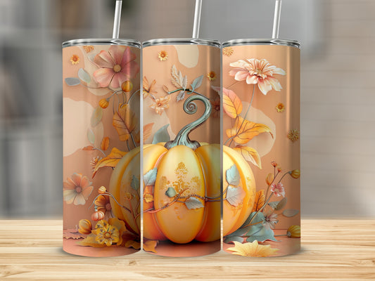 Three tumblers display an orange pumpkin with floral accents and autumn leaves.