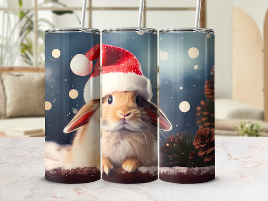 Cute Festive Bunny in Santa Hat Tumbler Flask