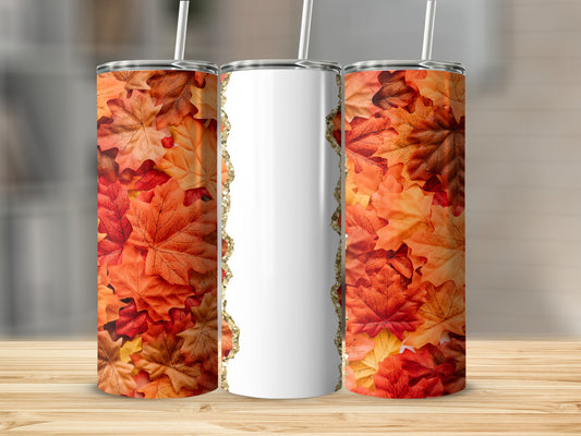 Three tumblers with autumn leaf designs and a white section for personalization.