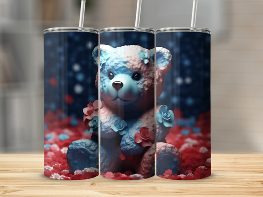 Teddy bear adorned with flowers on a tumbler mockup.