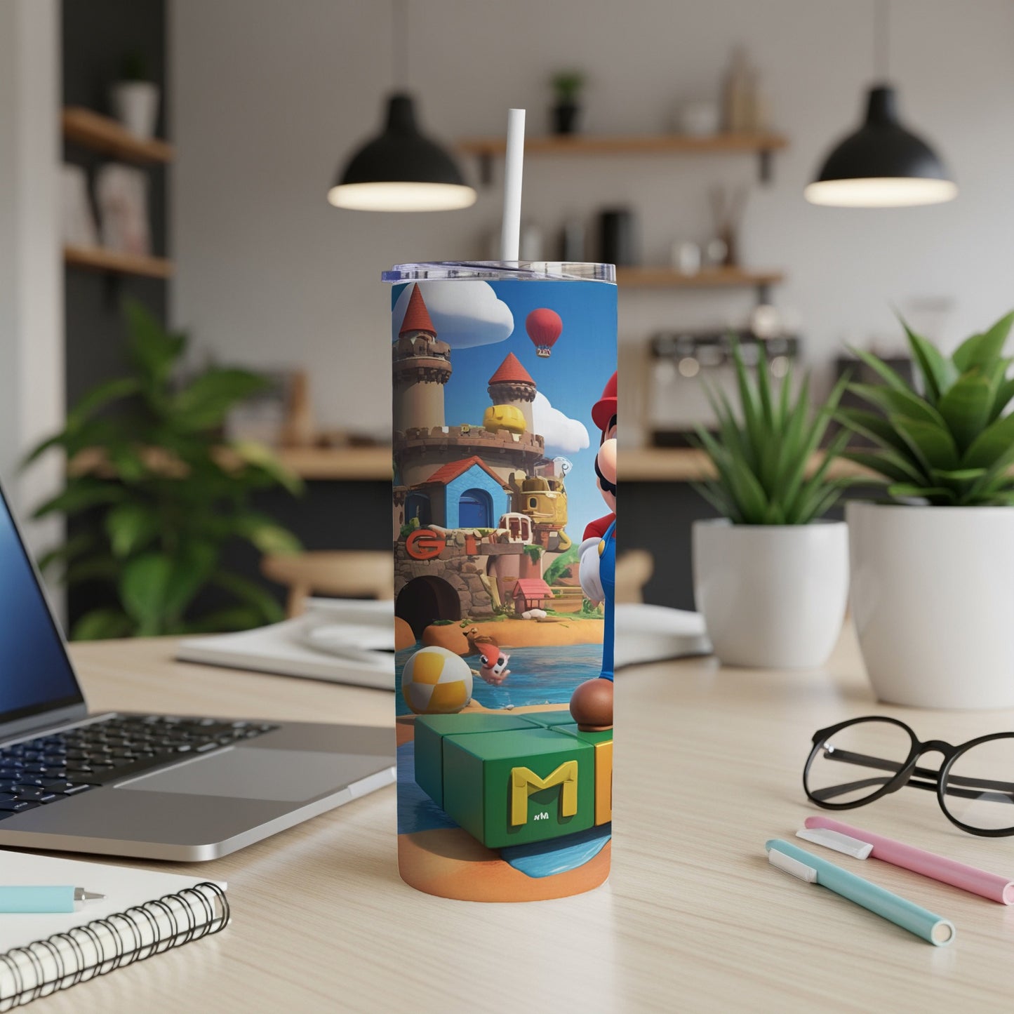 Mario and Peach Castle on a tumbler, with beach ball.