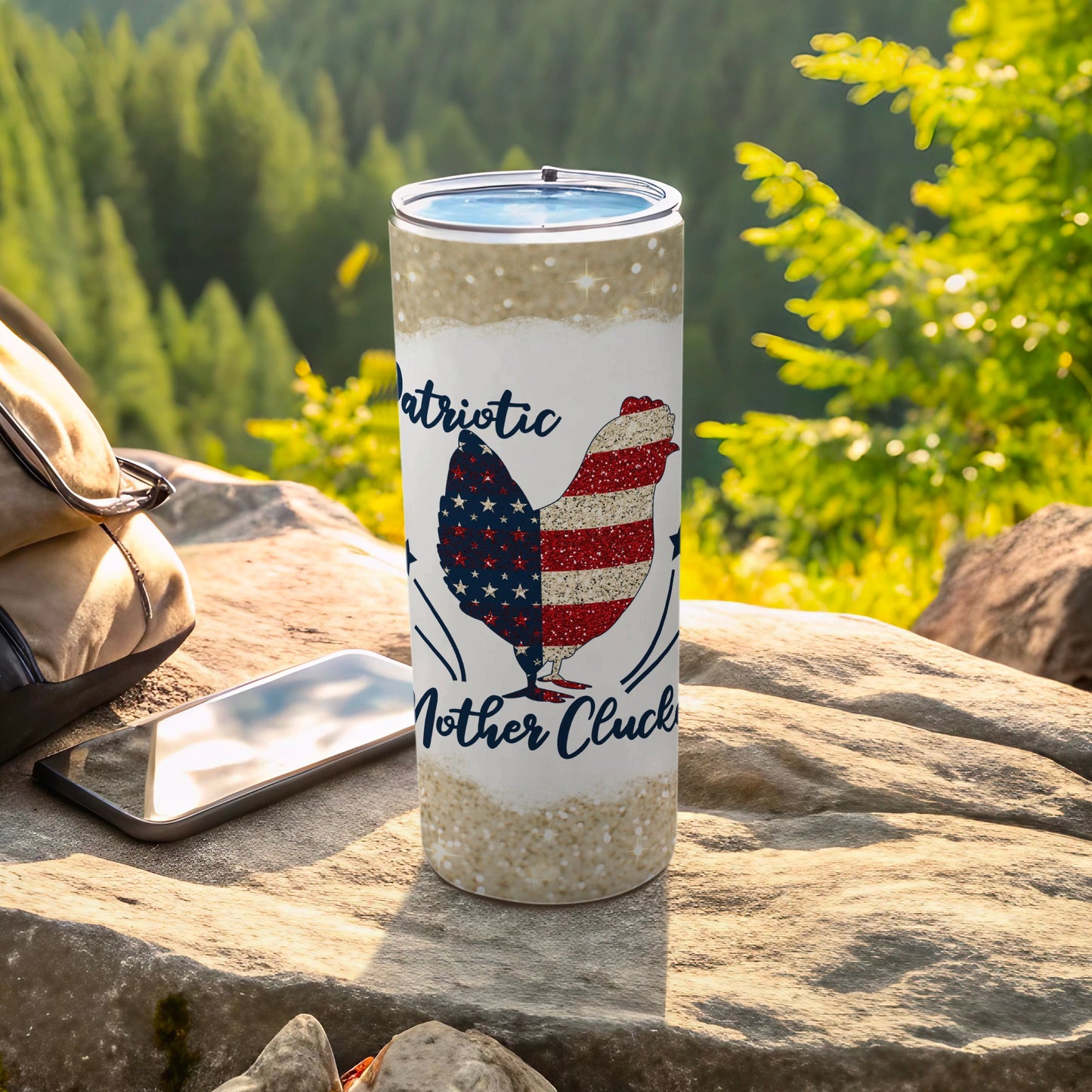 Patriotic Mother Cluck tumbler with American flag chicken design.