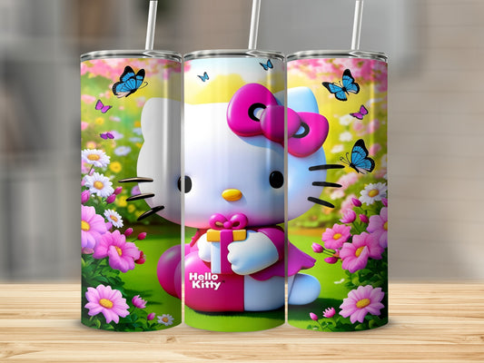 Hello Kitty in a pink dress holding a gift, surrounded by flowers and butterflies.