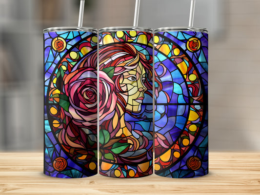 Three tumblers featuring a stained glass portrait of a woman with a rose.