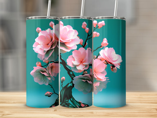 Three teal tumblers featuring pink cherry blossoms on a dark branch.