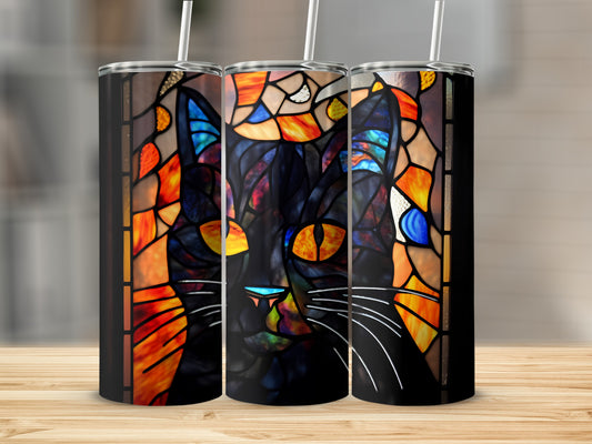 Black cat stained glass pattern on a tumbler with straw.