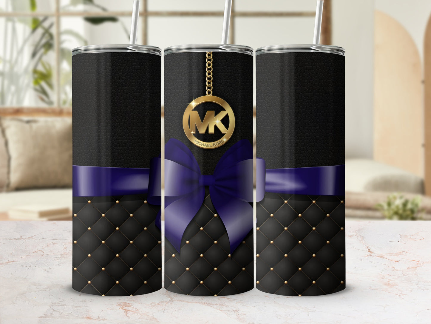 Elegant Black Tumbler with Purple Bow and Gold Accents