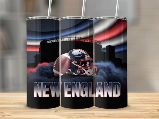 New England Patriots football helmet and stadium with red, white, and blue accents.