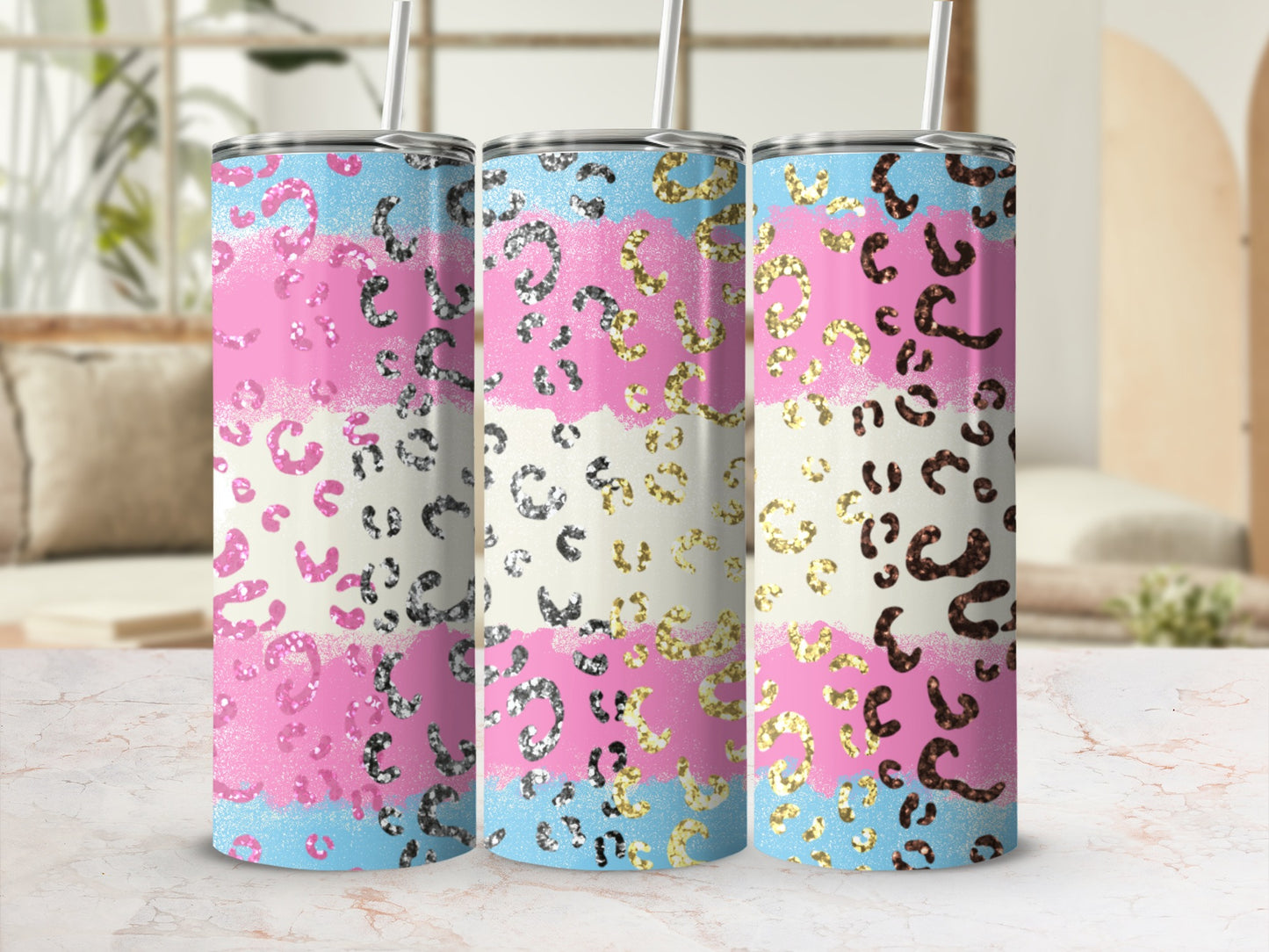 Colorful Glitter Leopard Print Tumbler with Straw
