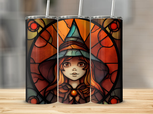 Stained glass witch illustration on three tumblers with straw.