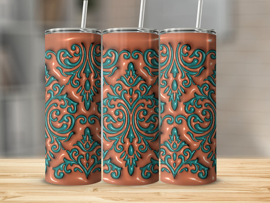 Three coral tumblers with teal ornate damask pattern.