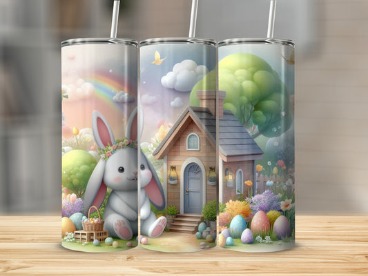 Easter bunny and colorful eggs against a whimsical cottage scene.
