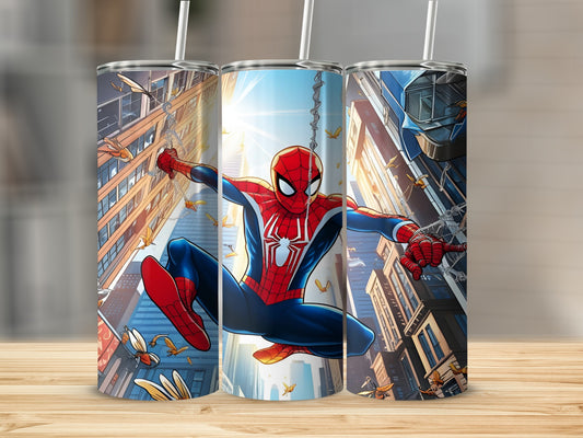 Spiderman swinging between city buildings, front of tumbler.