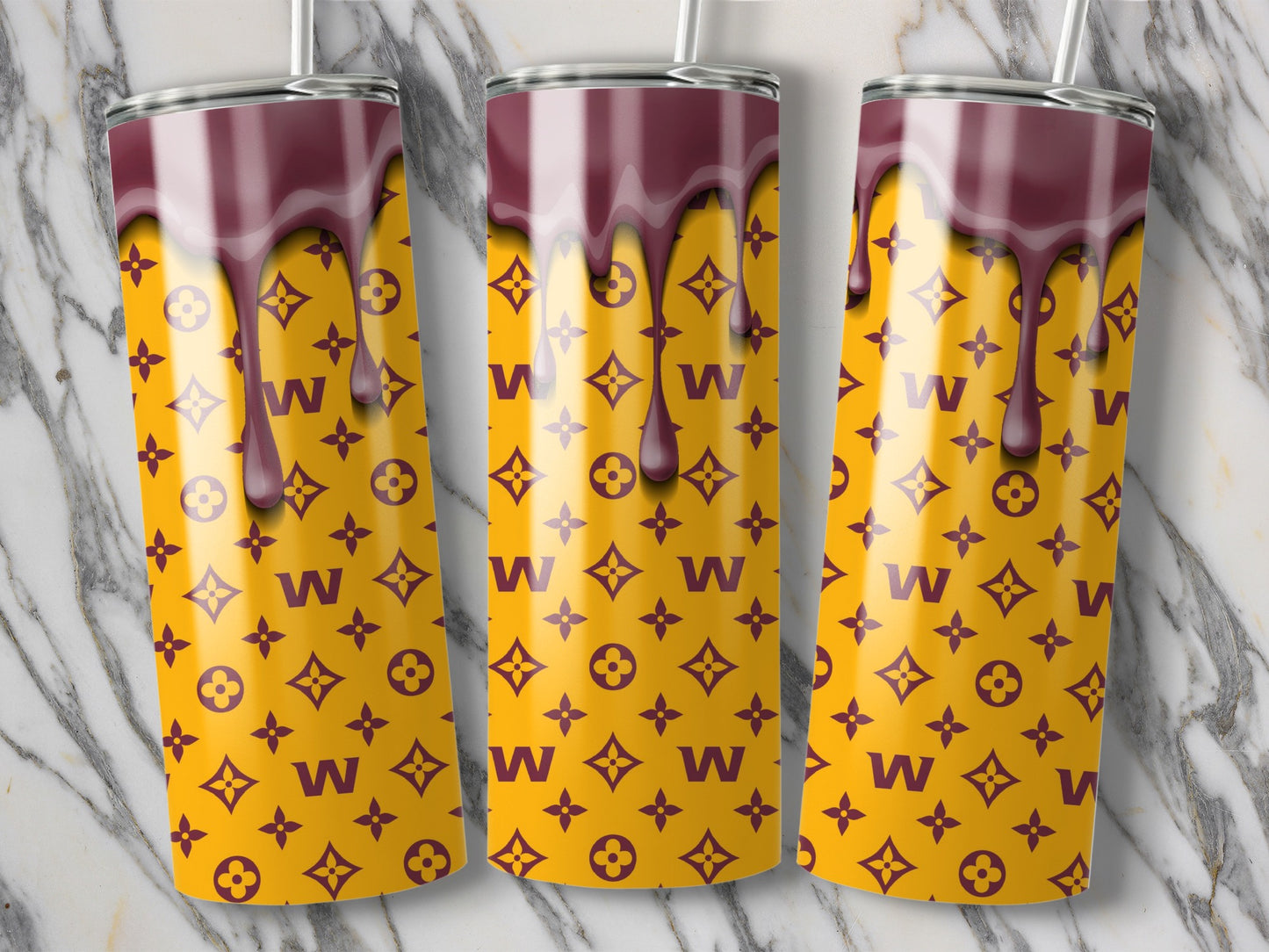 Yellow Background with Pattern and Burgundy Drip Tumblers