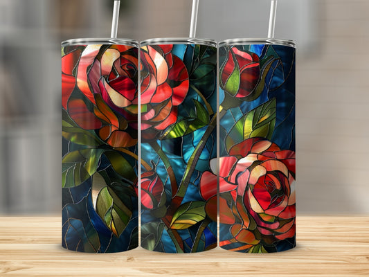 Three tumblers with red rose stained glass art.