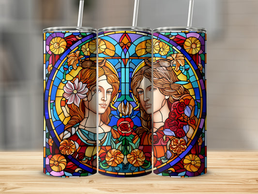 Three tumblers with stained glass design featuring floral patterns and female profiles.