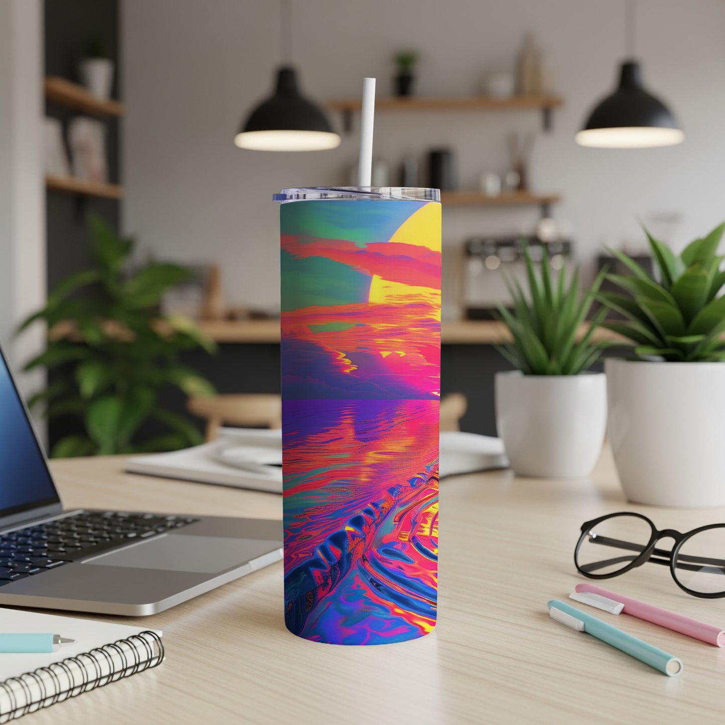 Vibrant abstract sunset reflected on wavy water on a tumbler.