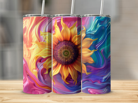 Three tumblers with colorful abstract backgrounds and sunflowers.