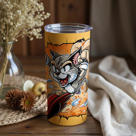 Energetic Cartoon Cat with Skateboard Travel Cup