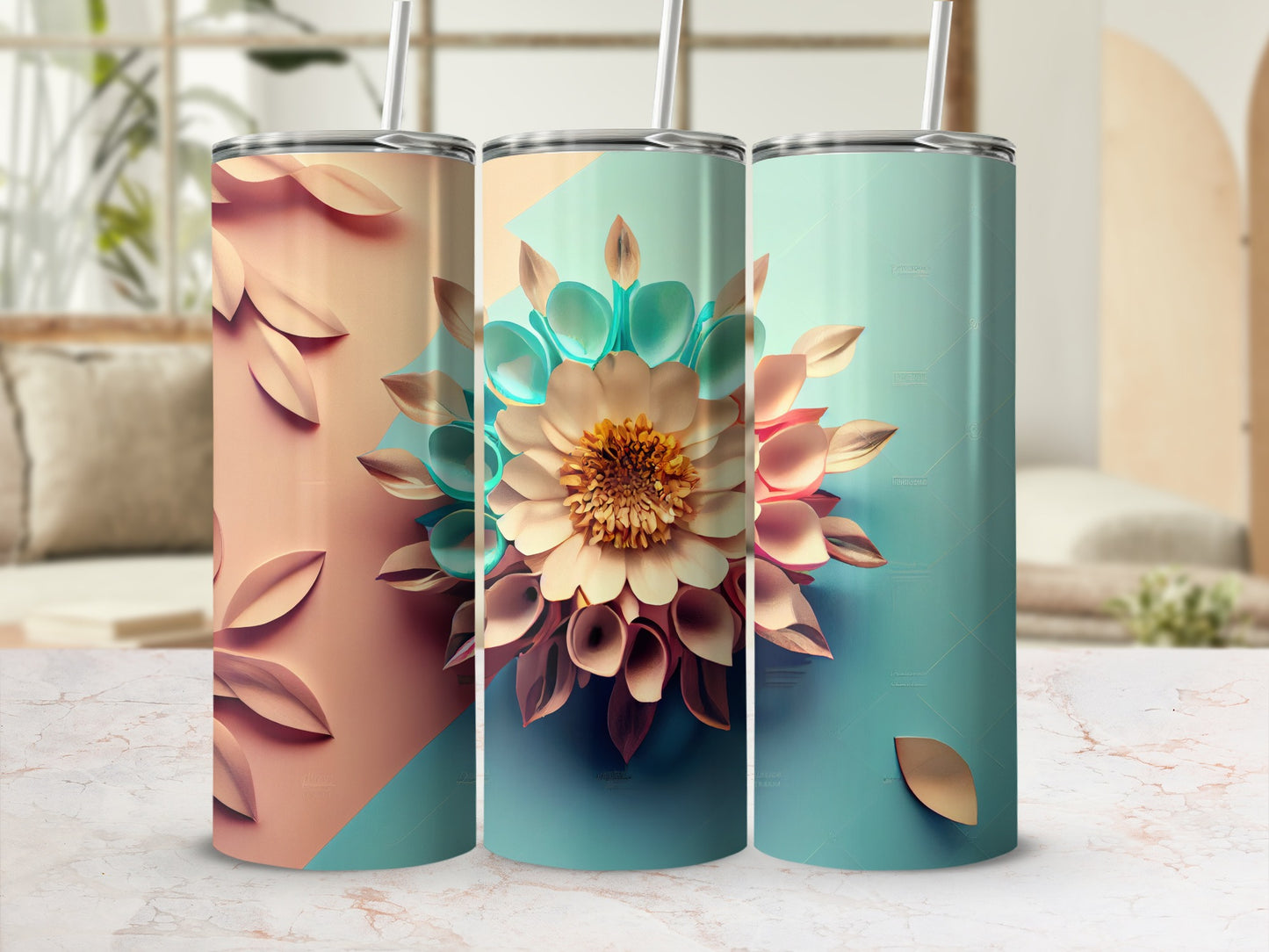 Floral and Abstract Pattern Tumbler with Straw