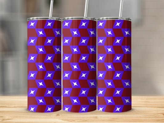 Three tumblers with a purple and blue starburst pattern on a wooden surface.