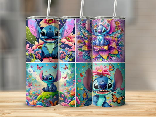 Adorable Blue Alien with Flowers and Butterflies Tumbler